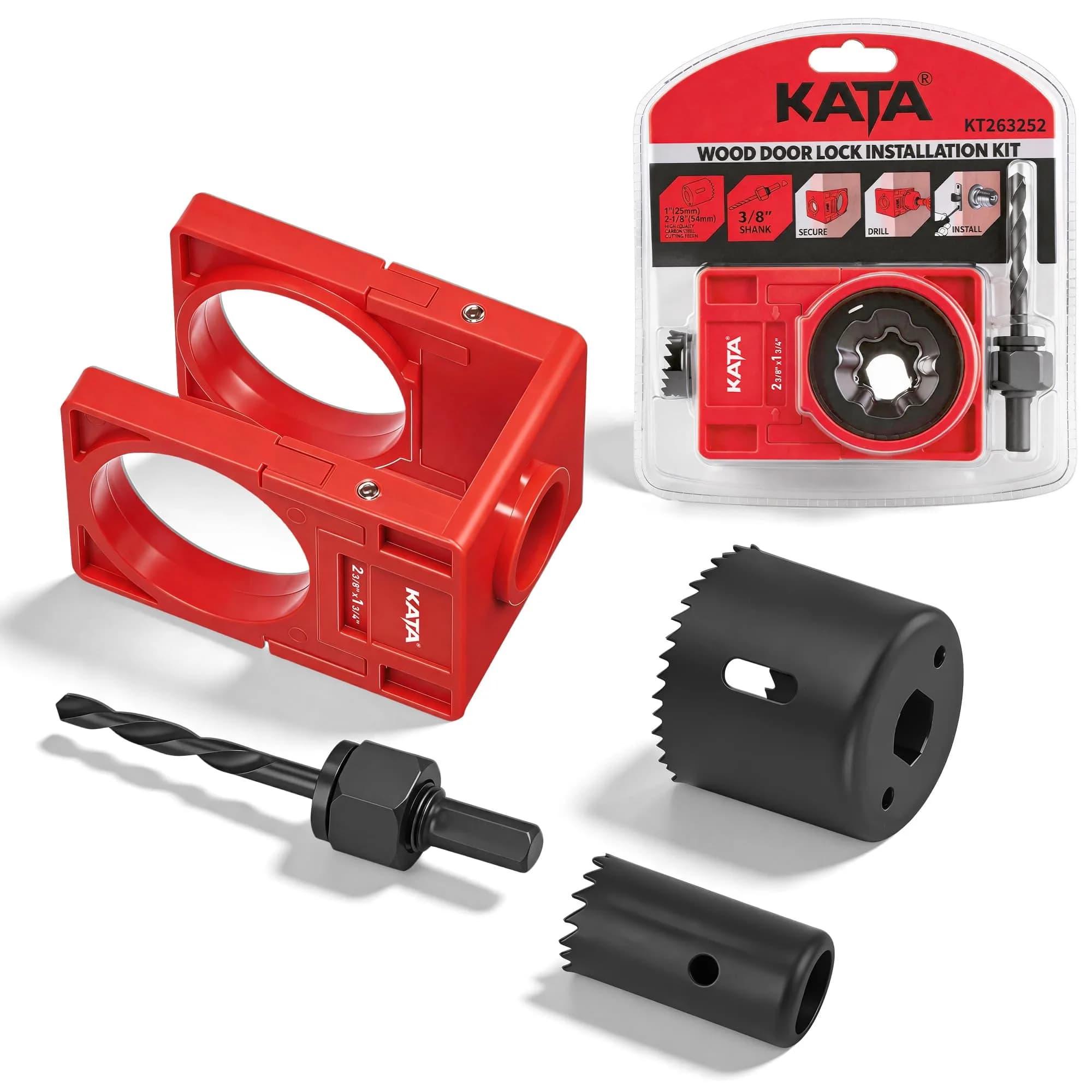 KATA Door Lock Installation Kit with Hole Saw & Guide Template for Wood Doors | Fits 1-3/8” to 1-3/4” Doors