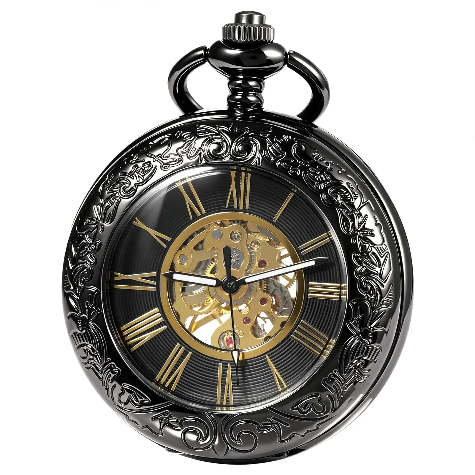 TREEWETO Vintage Mechanical Wind Up Pocket Watch for Men, Black Case | Skeleton, Magnifier & Chain — Black