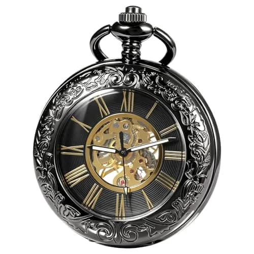 TREEWETO Vintage Mechanical Wind Up Pocket Watch for Men, Black Case | Skeleton, Magnifier & Chain thumbnail 1
