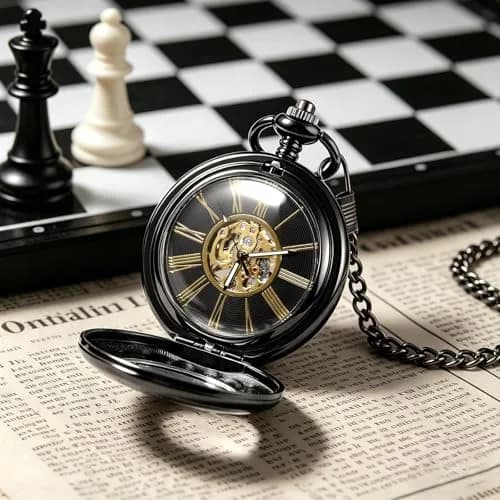 TREEWETO Vintage Mechanical Wind Up Pocket Watch for Men, Black Case | Skeleton, Magnifier & Chain thumbnail 4