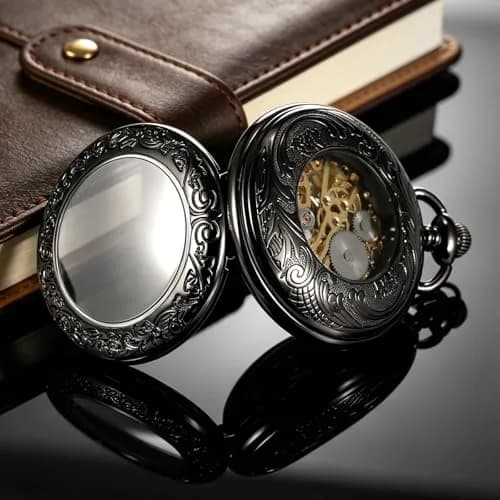 TREEWETO Vintage Mechanical Wind Up Pocket Watch for Men, Black Case | Skeleton, Magnifier & Chain thumbnail 5