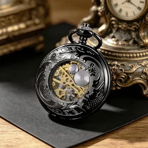 TREEWETO Vintage Mechanical Wind Up Pocket Watch for Men, Black Case | Skeleton, Magnifier & Chain thumbnail 6