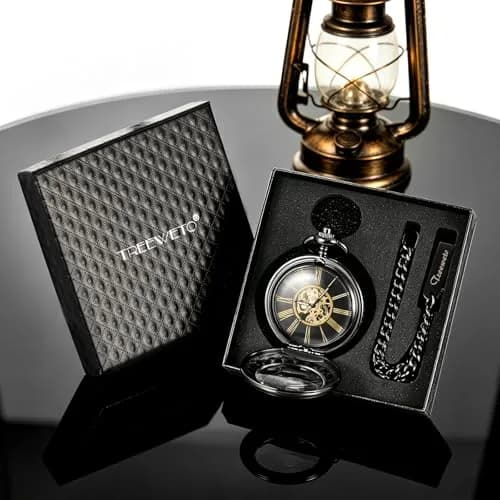 TREEWETO Vintage Mechanical Wind Up Pocket Watch for Men, Black Case | Skeleton, Magnifier & Chain thumbnail 7