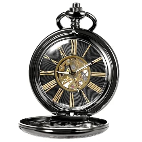 TREEWETO Vintage Mechanical Wind Up Pocket Watch for Men, Black Case | Skeleton, Magnifier & Chain thumbnail 2