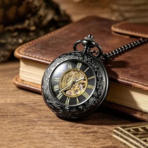 TREEWETO Vintage Mechanical Wind Up Pocket Watch for Men, Black Case | Skeleton, Magnifier & Chain thumbnail 3