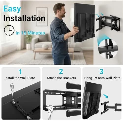 BONTEC Full Motion TV Wall Mount for 37-90 Inch TVs, Heavy Duty Swivel Tilt | Supports 132lbs, VESA 200x100 to 600x400mm thumbnail 9