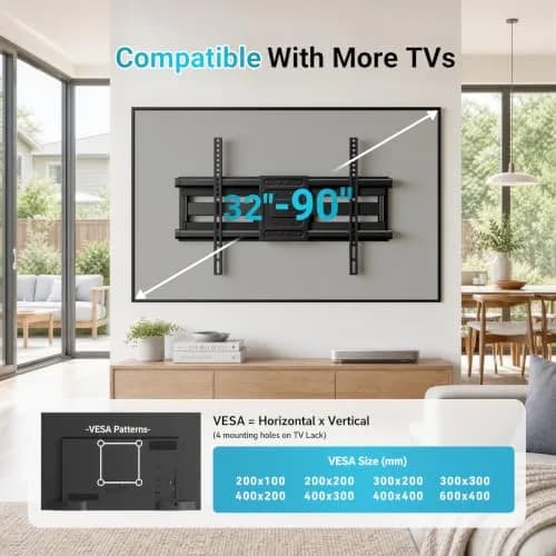 BONTEC Full Motion TV Wall Mount for 37-90 Inch TVs, Heavy Duty Swivel Tilt | Supports 132lbs, VESA 200x100 to 600x400mm thumbnail 2