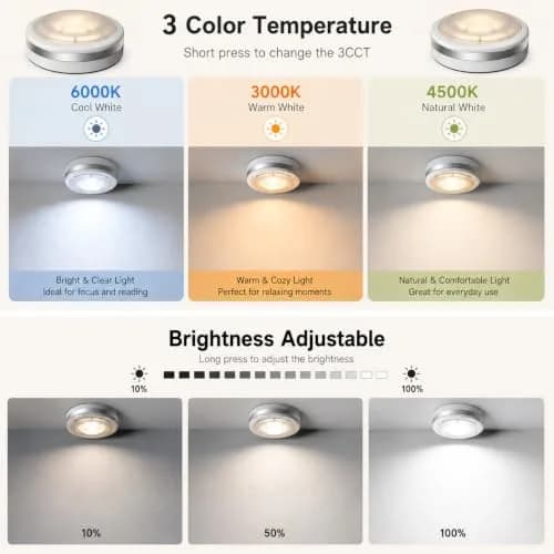 Starxing Battery Operated Puck Lights with Remote, 6-Pack White-3CCT | Wireless LED Under Cabinet Lighting thumbnail 4
