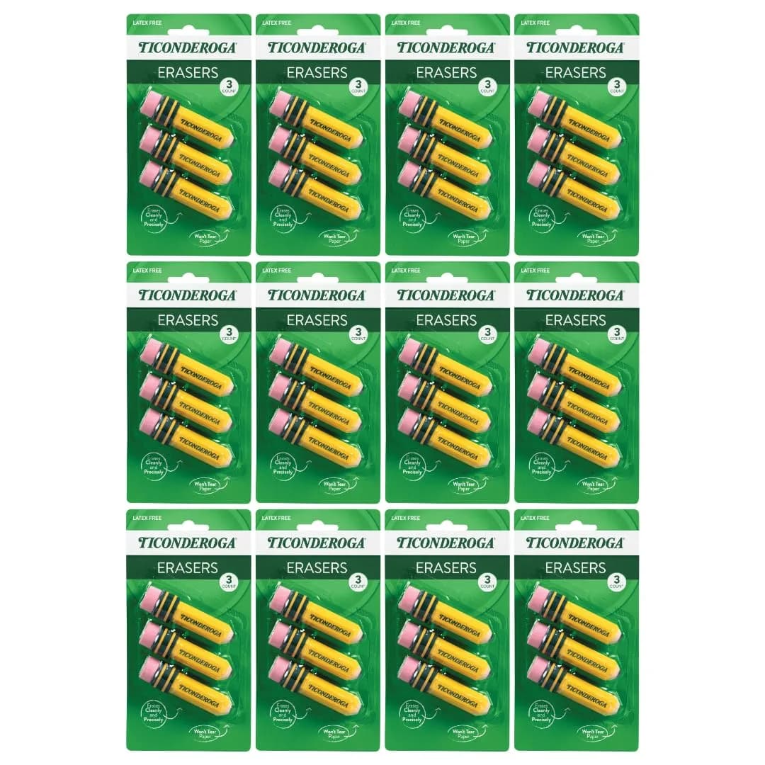 Ticonderoga Pencil Shaped Erasers, 36 Total Erasers (12 Packs of 3) | Smudge Resistant - main product image
