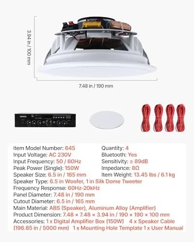 VEVOR Bluetooth Ceiling Speakers, 6.5" | 150W, in Ceiling & in-Wall System with Amplifier thumbnail 7