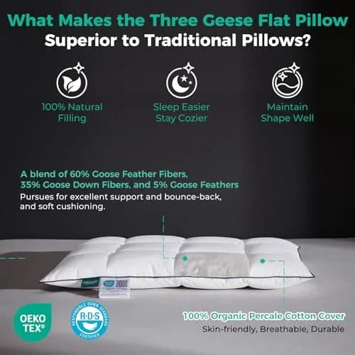 Three Geese Ultra Thin Flat Goose Down Feather Pillows Set of 2 | 2.5 inch Height, 18x26 Inch thumbnail 4