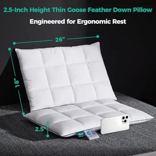 Three Geese Ultra Thin Flat Goose Down Feather Pillows Set of 2 | 2.5 inch Height, 18x26 Inch thumbnail 5