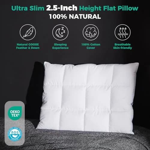 Three Geese Ultra Thin Flat Goose Down Feather Pillows Set of 2 | 2.5 inch Height, 18x26 Inch thumbnail 2