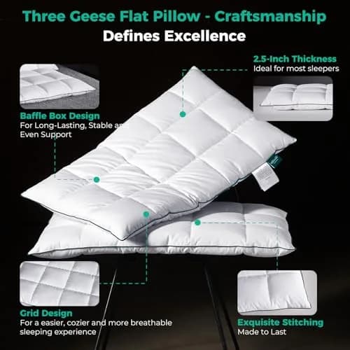 Three Geese Ultra Thin Flat Goose Down Feather Pillow King Size 91cm (36 Inches) | OEKO-TEX Certified Cotton Cover thumbnail 7