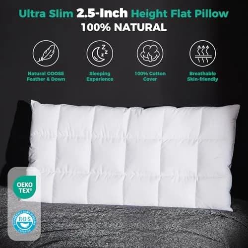 Three Geese Ultra Thin Flat Goose Down Feather Pillow King Size 91cm (36 Inches) | OEKO-TEX Certified Cotton Cover thumbnail 2