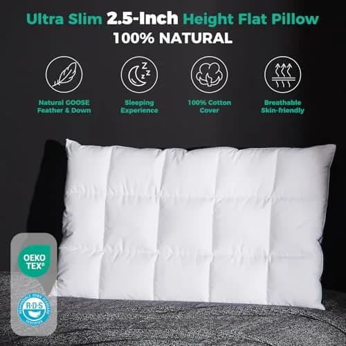 Three Geese Ultra Thin Flat Goose Down Feather Pillow Set of 2 | 2.5" Height, 100% Cotton Cover, Ergonomic Support for Sleep & Travel thumbnail 2