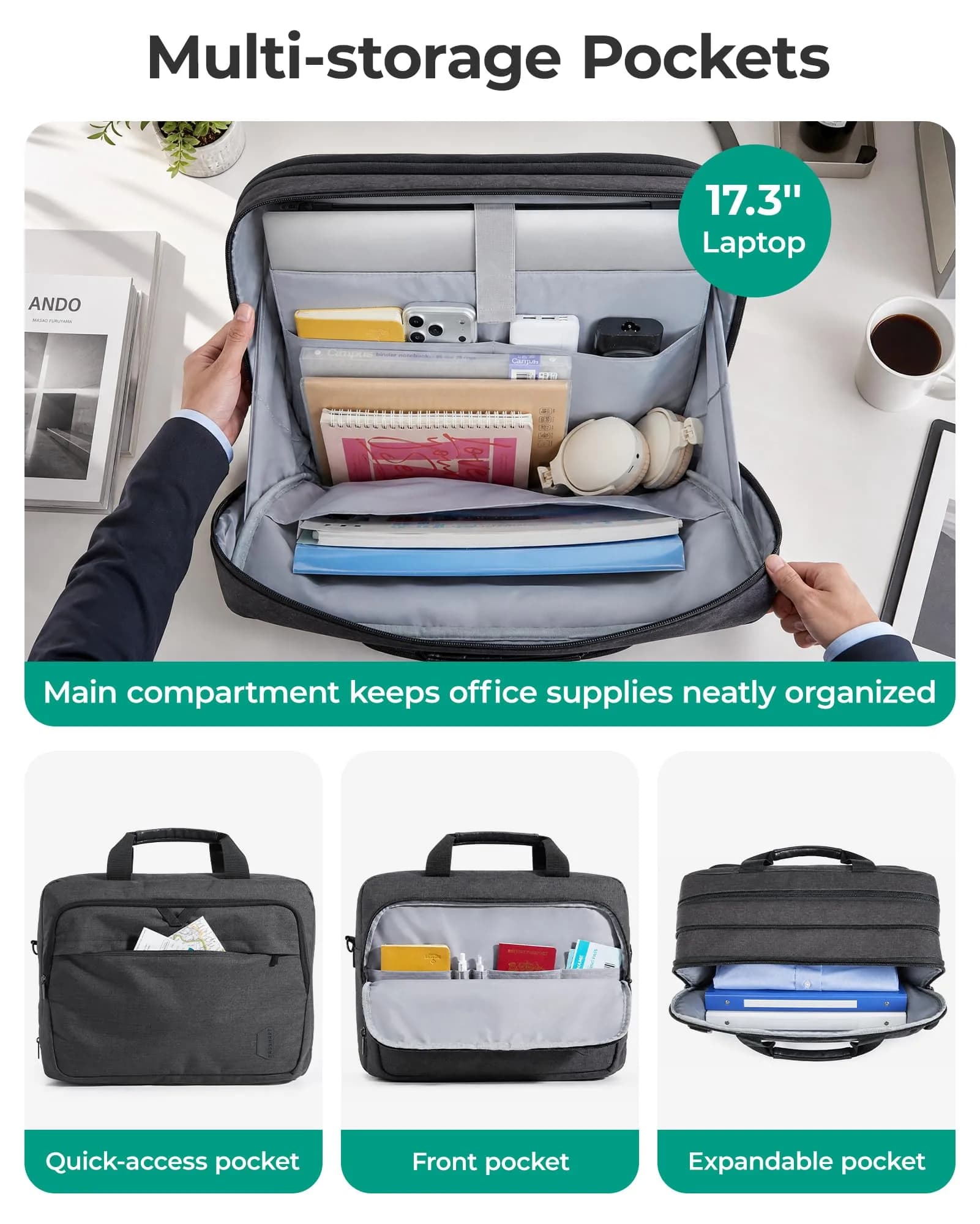 BAGSMART 3-in-1 Expandable Laptop Bag 43.9 cm (17.3 Inch) | Water-Resistant Business Travel Bag - view 4