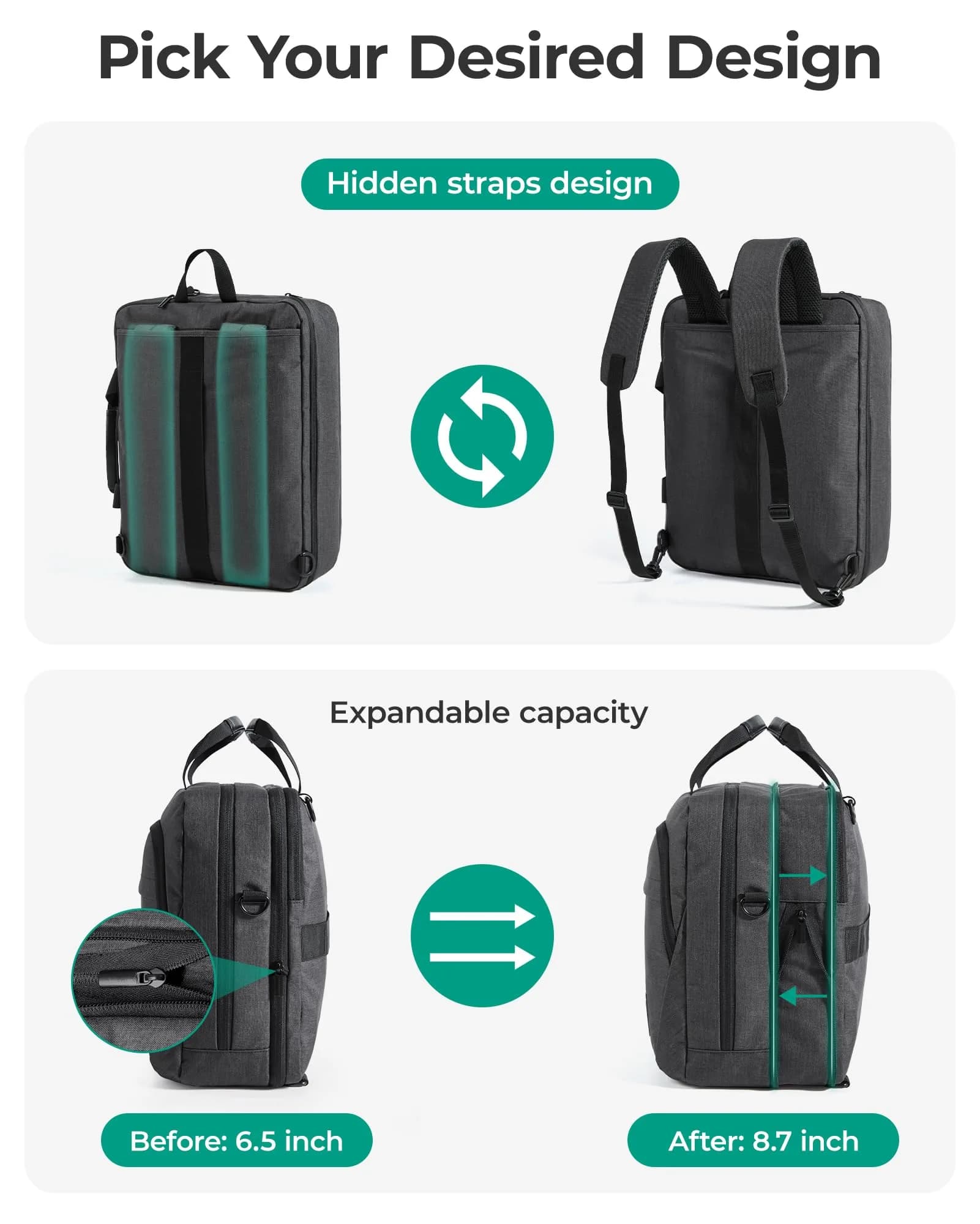BAGSMART 3-in-1 Expandable Laptop Bag 43.9 cm (17.3 Inch) | Water-Resistant Business Travel Bag - view 3