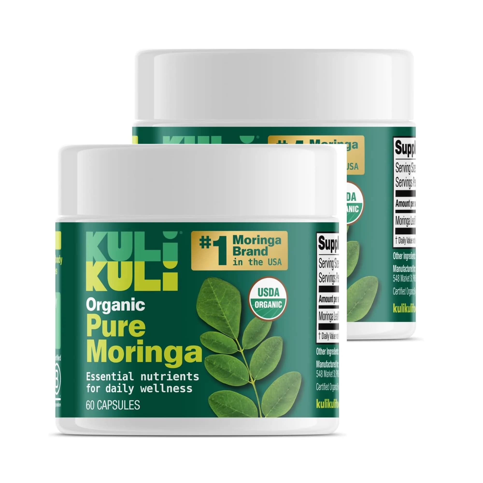 Kuli Kuli Organic Moringa Capsules 1000mg | Pure Leaf Supplement, 120ct, Vegetarian, USDA Organic — Green