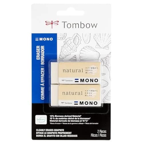 Tombow MONO Natural Eraser 2-Pack (8.79cm x 1.4cm x 14.91cm) | Biomass-Derived, PVC-Free Art Eraser thumbnail 1