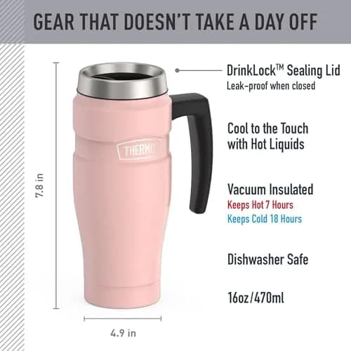 THERMOS Stainless King 16oz Travel Mug with Handle, Matte Pink - Insulated Tumbler thumbnail 2
