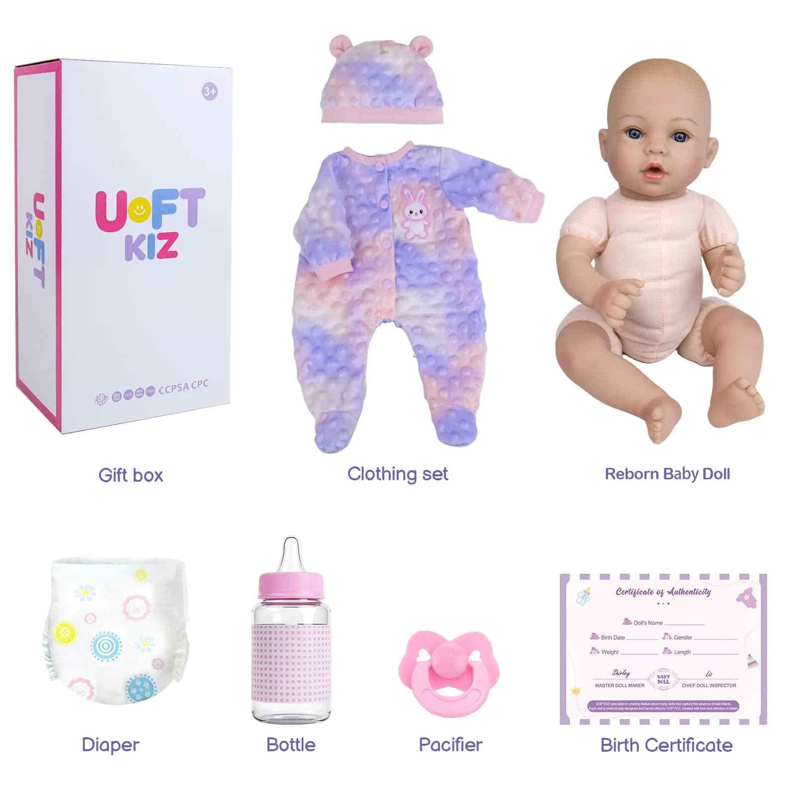 UOFTKIZ Realistic Reborn Baby Doll 18-inch Purple Rabbit Theme | Lifelike Nurturing Play for Ages 3+ - view 7