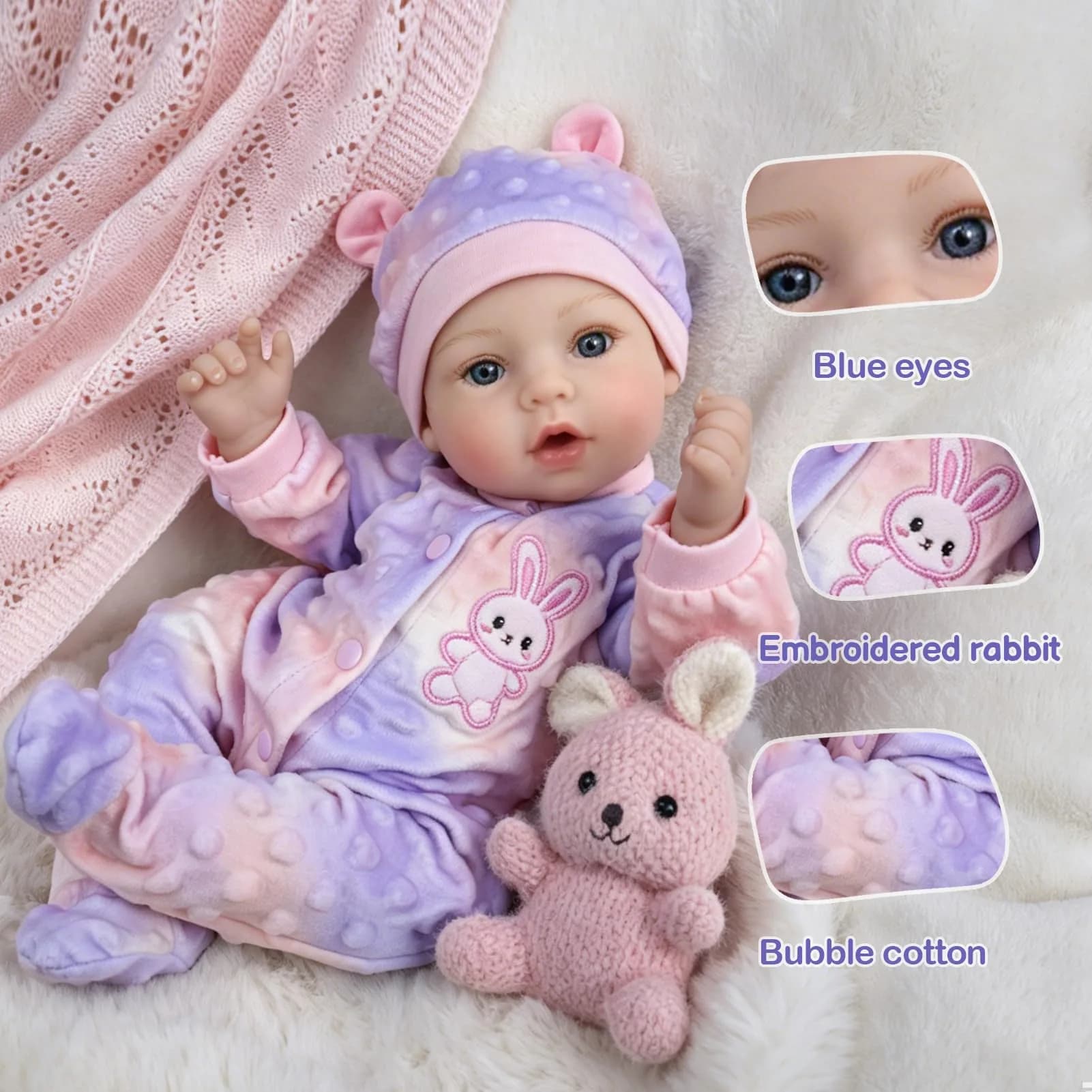 UOFTKIZ Realistic Reborn Baby Doll 18-inch Purple Rabbit Theme | Lifelike Nurturing Play for Ages 3+ - view 3
