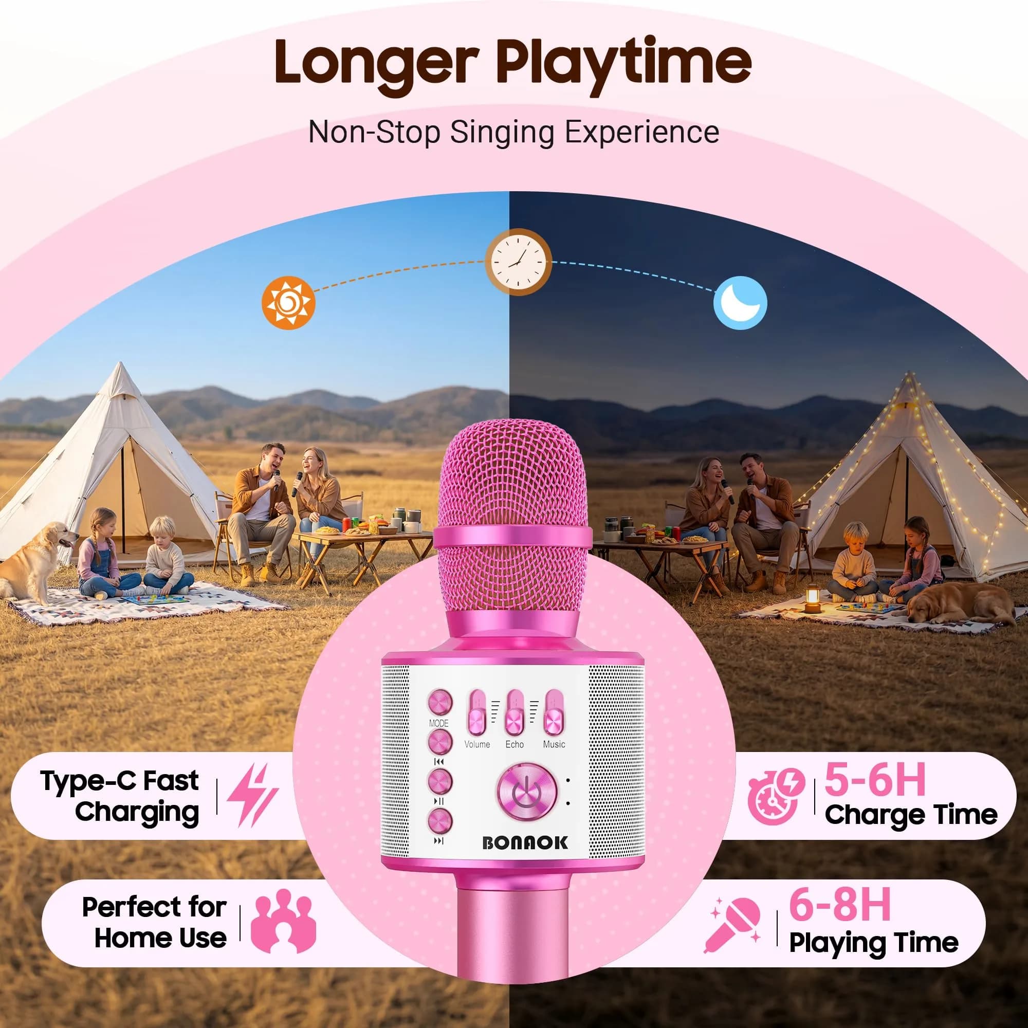 BONAOK Q37 Wireless Bluetooth Karaoke Microphone - Light Pink | Portable Handheld Mic Speaker for Parties - view 4
