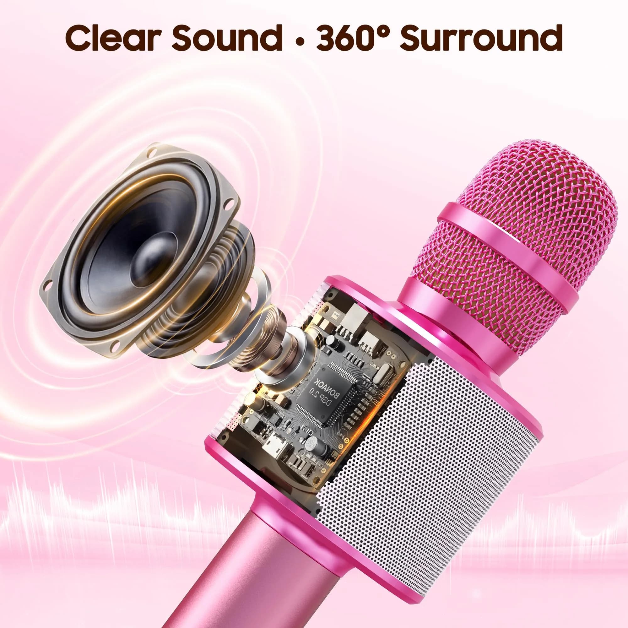 BONAOK Q37 Wireless Bluetooth Karaoke Microphone - Light Pink | Portable Handheld Mic Speaker for Parties - view 2