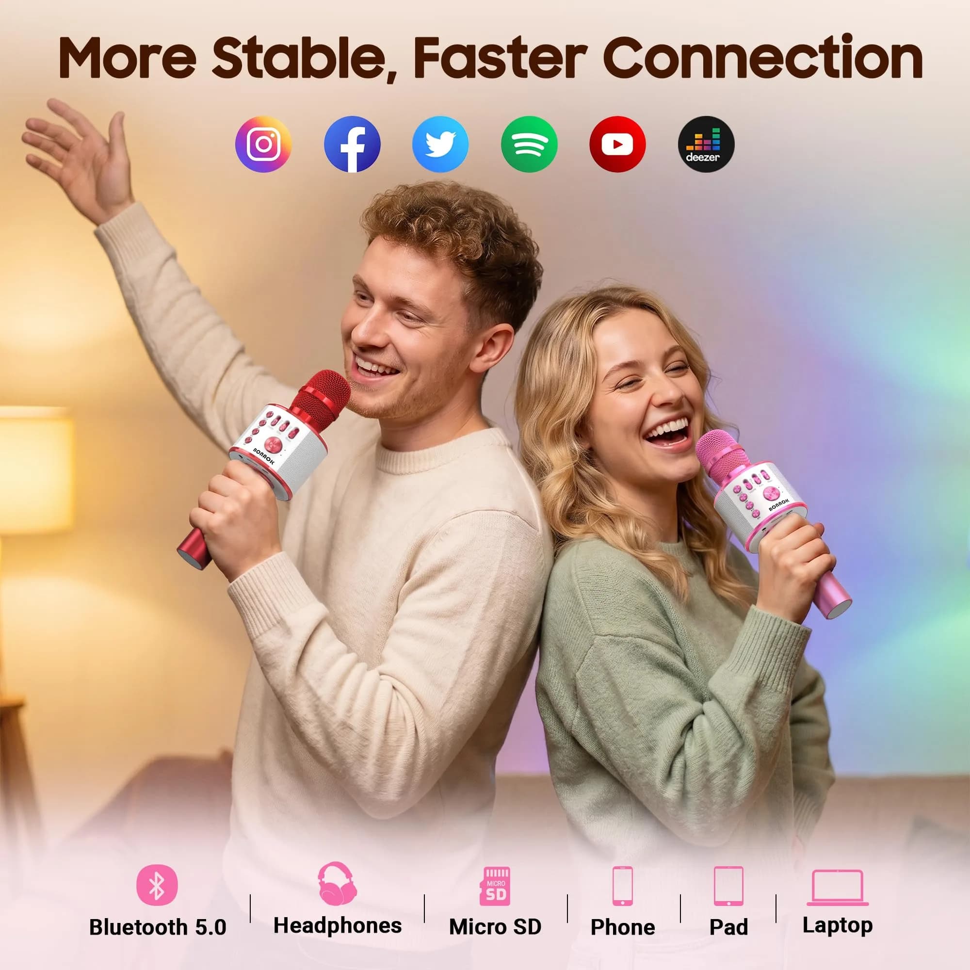 BONAOK Q37 Wireless Bluetooth Karaoke Microphone - Light Pink | Portable Handheld Mic Speaker for Parties - view 3