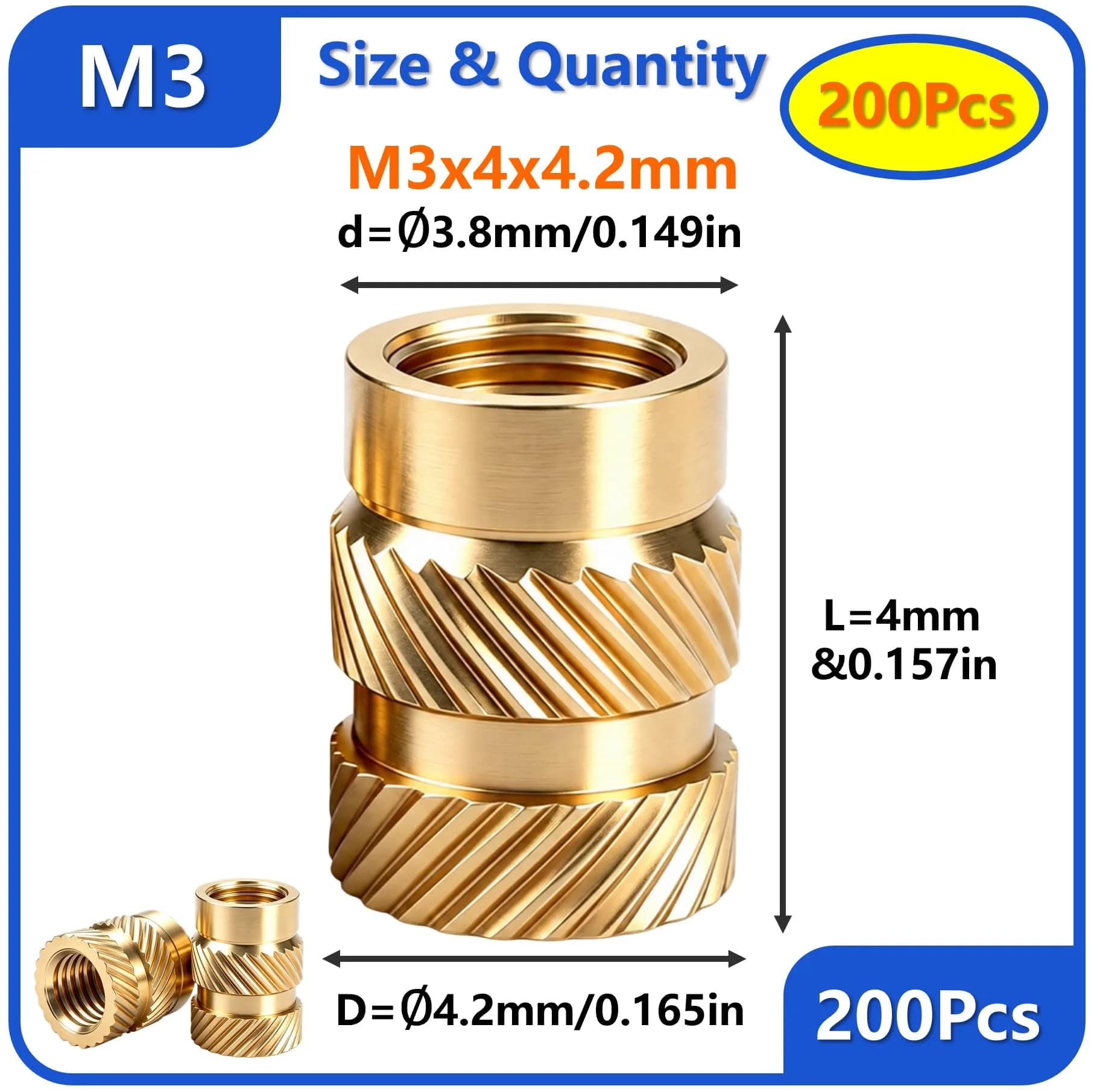 FFVRVSS M3 Brass Threaded Inserts Kit 200Pcs (M3x4x4.2mm) | Heat Set for 3D Printing - view 2