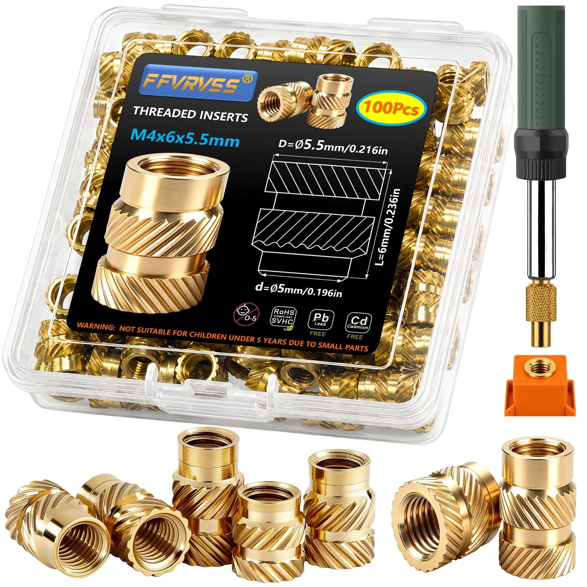 FFVRVSS M4x6x5.5 Brass Threaded Inserts Kit (100 Pcs) | Heat Set for 3D Printing - main product image