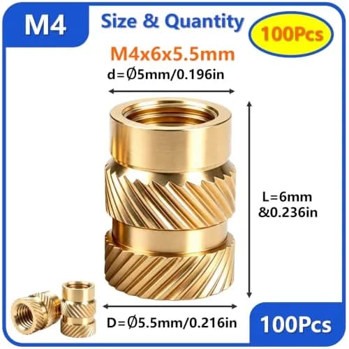 FFVRVSS M4x6x5.5 Brass Threaded Inserts Kit (100 Pcs) | Heat Set for 3D Printing thumbnail 2