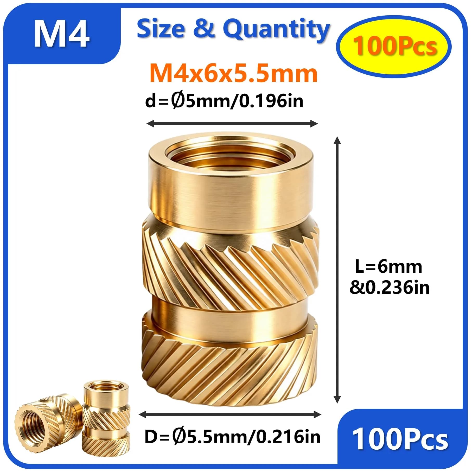 FFVRVSS M4x6x5.5 Brass Threaded Inserts Kit (100 Pcs) | Heat Set for 3D Printing - view 2