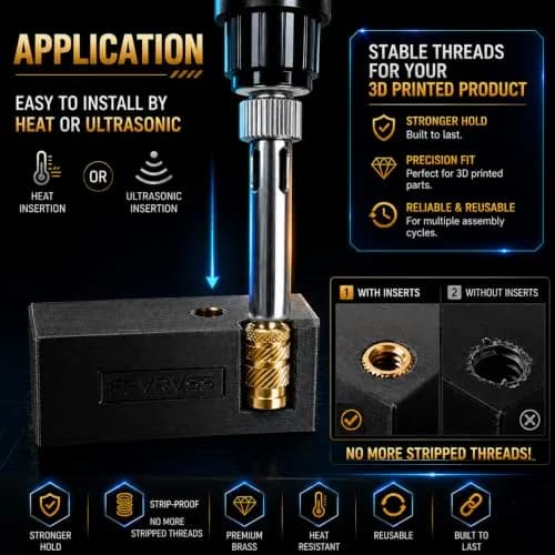 FFVRVSS M4x6x5.5 Brass Threaded Inserts Kit (100 Pcs) | Heat Set for 3D Printing thumbnail 3
