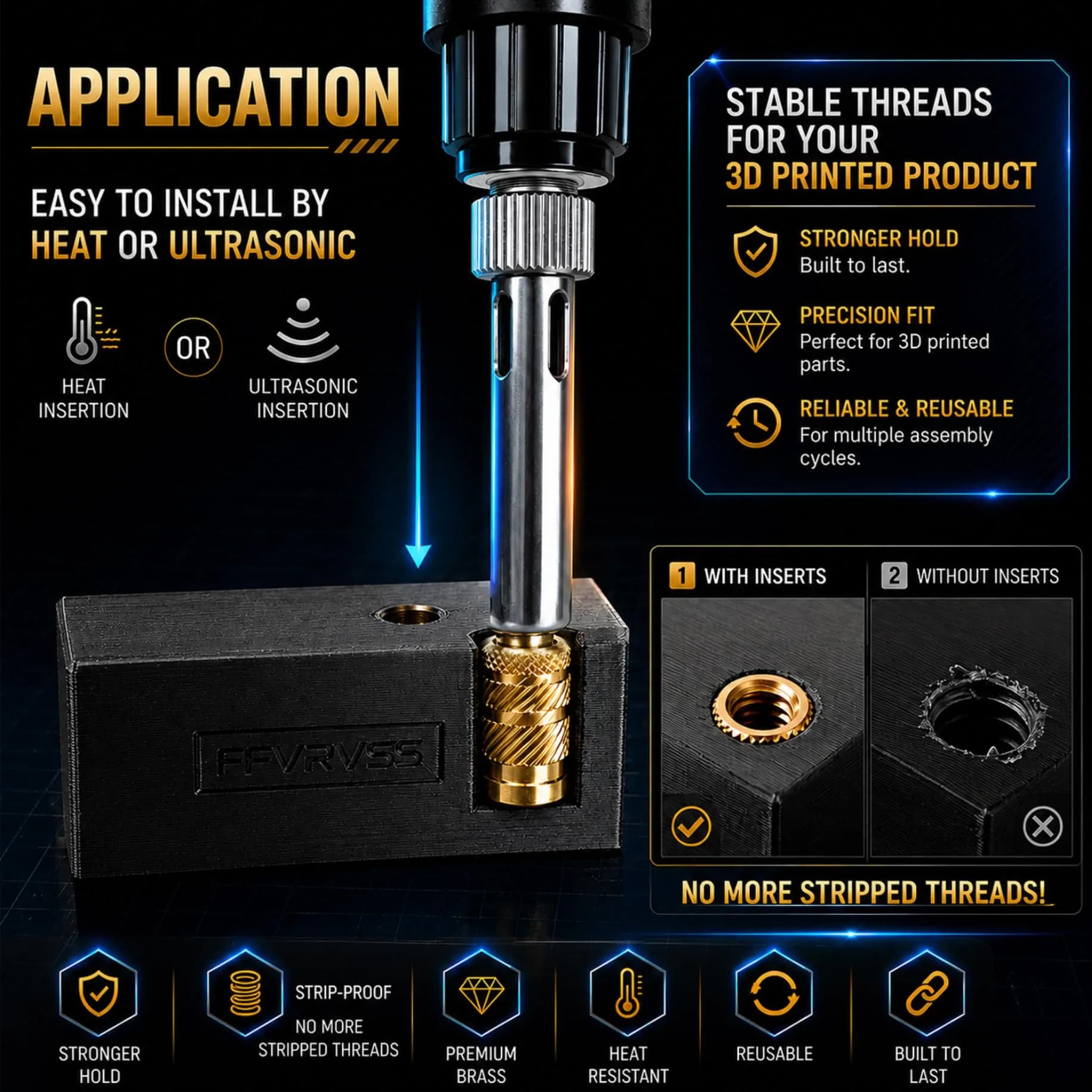 FFVRVSS M4x6x5.5 Brass Threaded Inserts Kit (100 Pcs) | Heat Set for 3D Printing - view 3