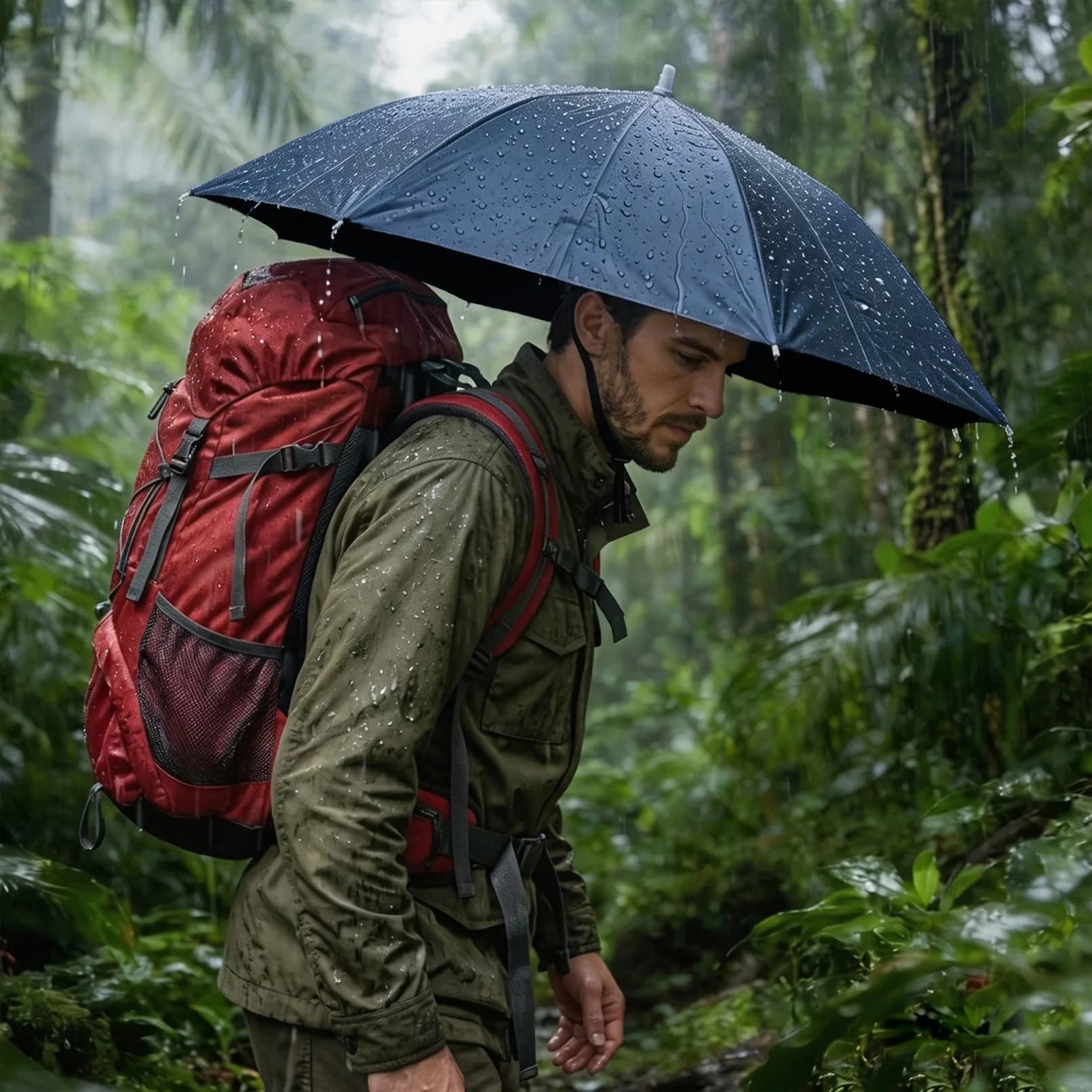 Luwint Hands-Free 36" Umbrella Hat - Blue-Black, Foldable Sun & Rain Protection - view 2