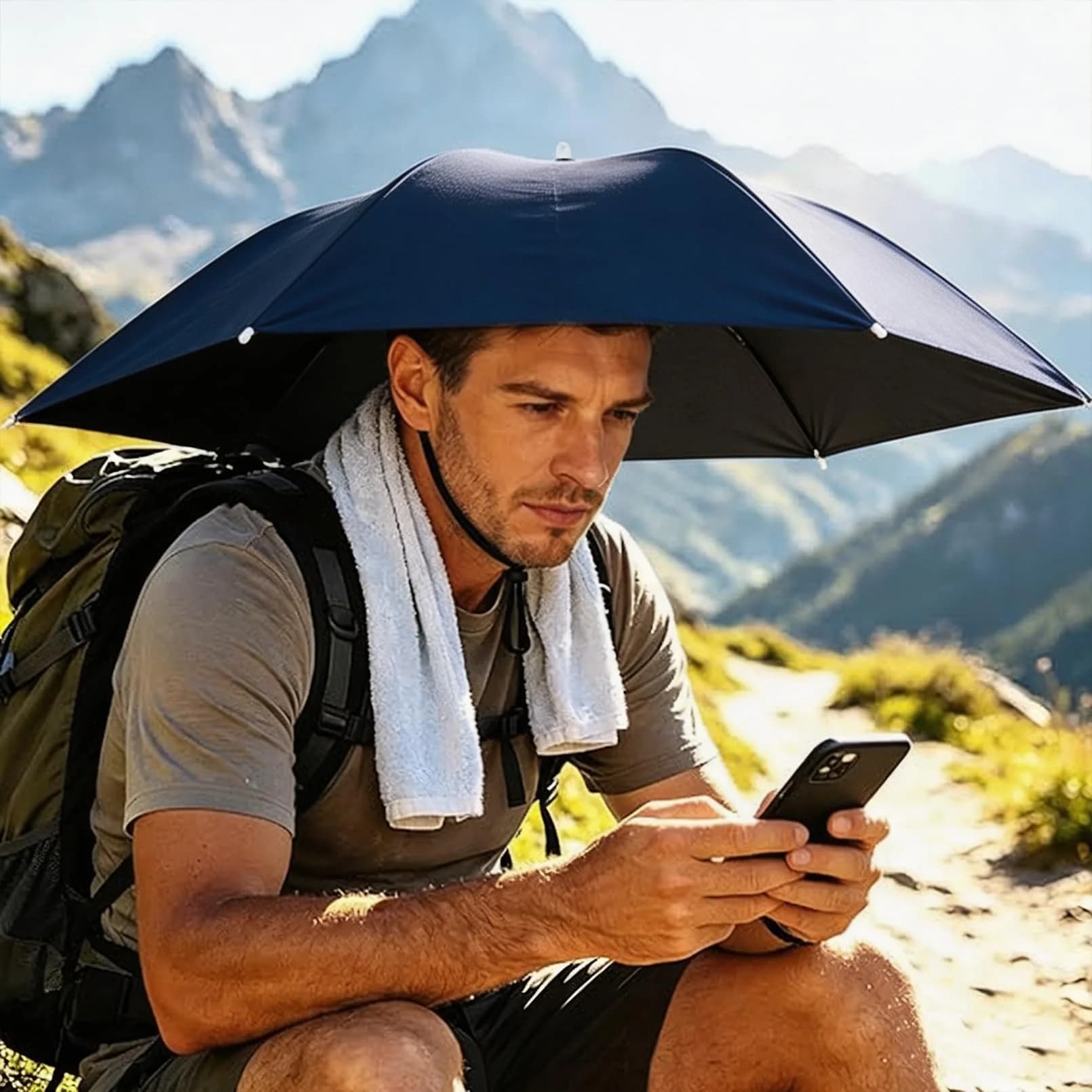 Luwint Hands-Free 36" Umbrella Hat - Blue-Black, Foldable Sun & Rain Protection - view 3