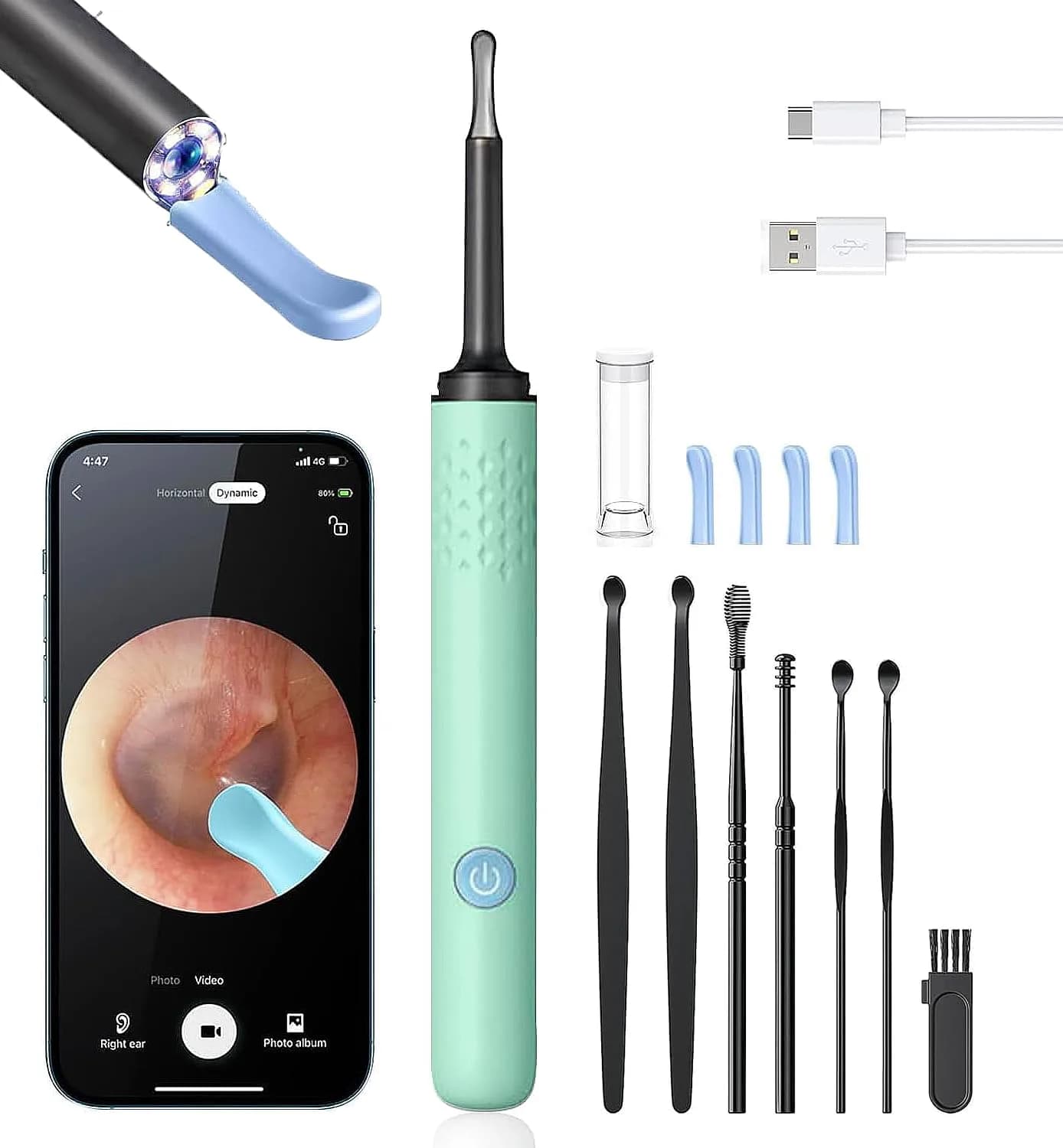 AIFINI Ear Wax Removal Kit with Camera & Light | 1080P HD Ear Inspection Tool for Adults — Light Lake Green