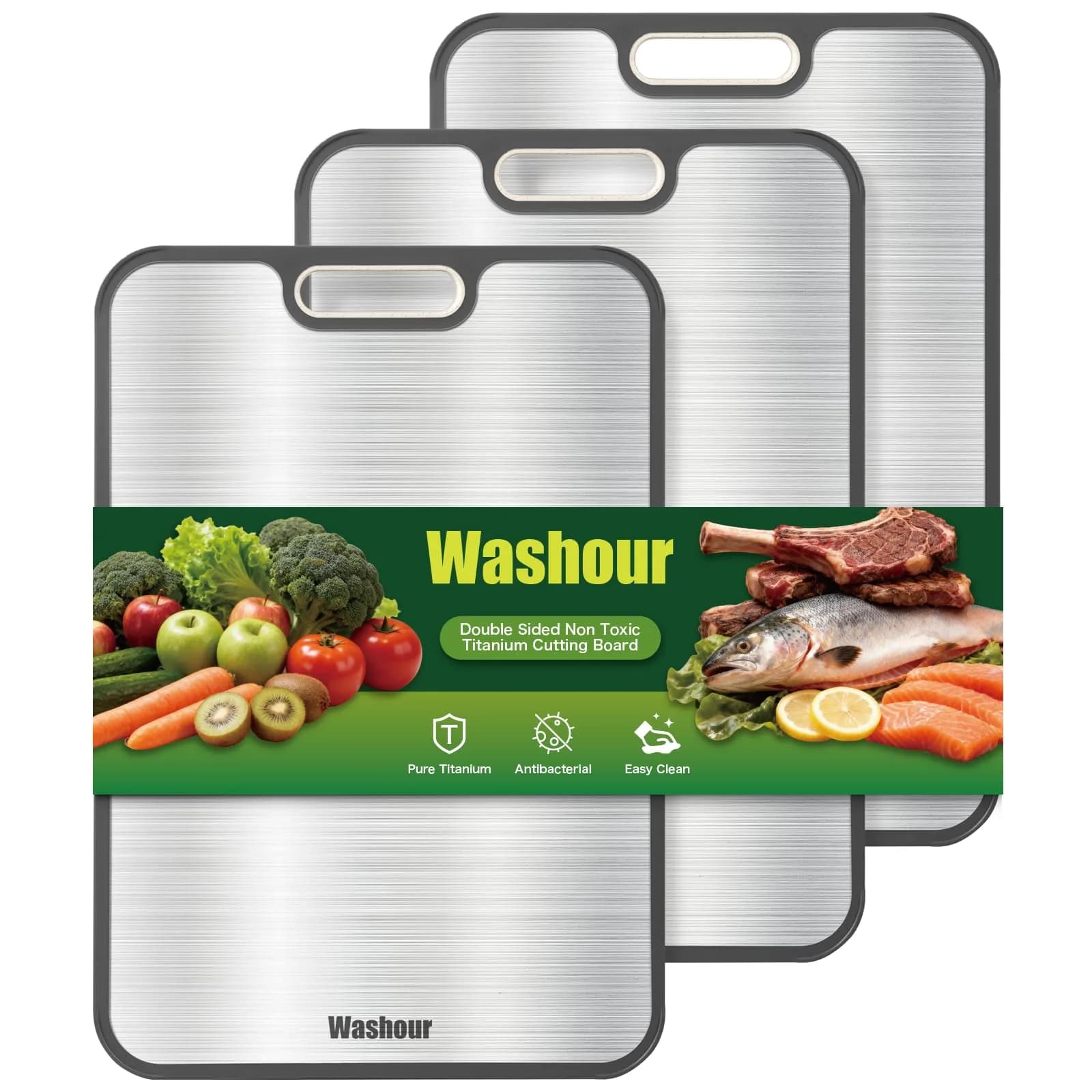 Washour Titanium Cutting Board Set of 3 | Double-Sided, 16" x 11" | Non-Toxic, Hygienic & Durable
