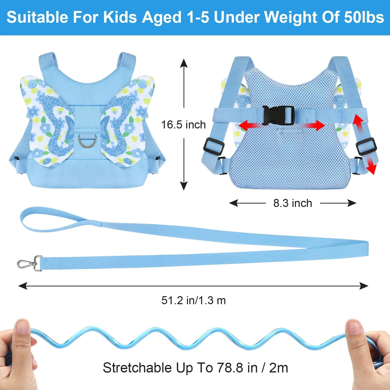 Accmor Butterfly Toddler Harness Leash with Anti-Lost Wrist Link, Sky Blue/Love, 1-5 Years | Secure Walking Assistant for Girls - view 3