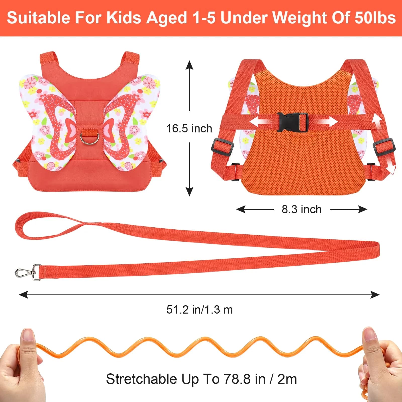 Accmor Orange/Love Butterfly Toddler Harness Leash with Anti-Lost Wrist Link for Girls, 1-5 Years - view 3