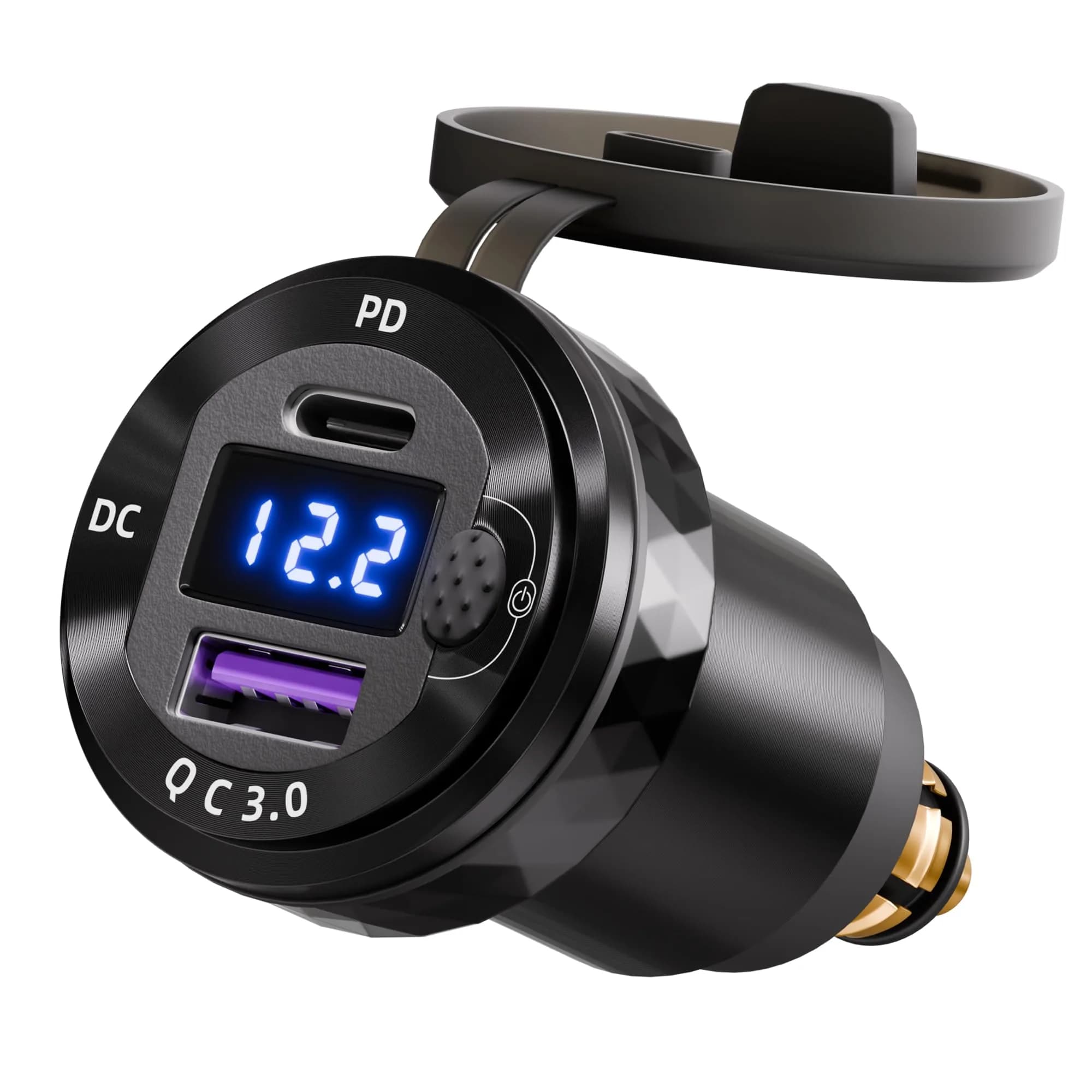 DaierTek Waterproof DIN/Hella USB Charger Adapter 12V | Fast Charging, Blue LED, Motorcycle Compatible — PD+QC3.0