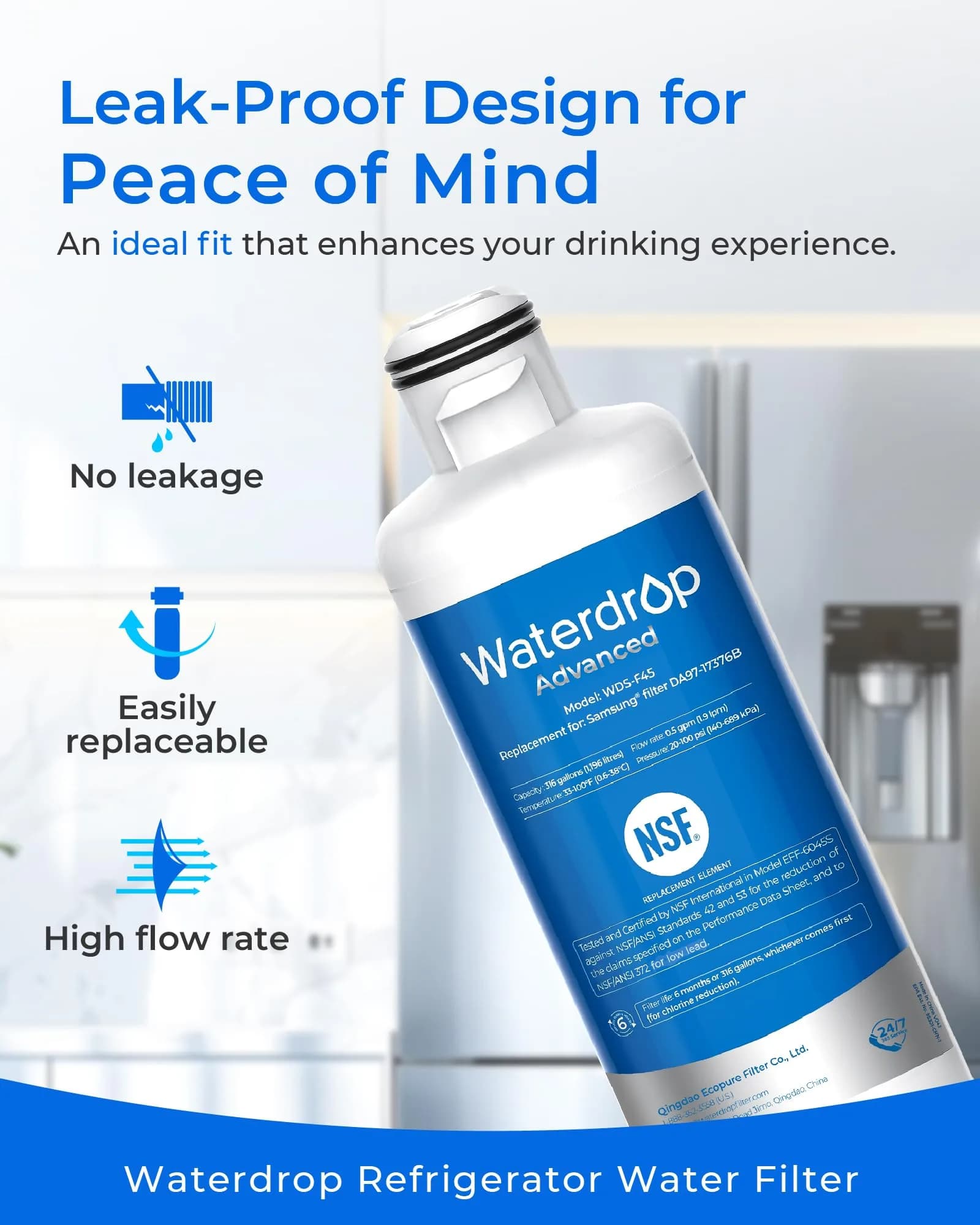 Waterdrop WDS-F45 Refrigerator Water Filter 4 Pack | NSF 53 & 42 Certified for Lead, Benzene, Mercury Reduction - view 3