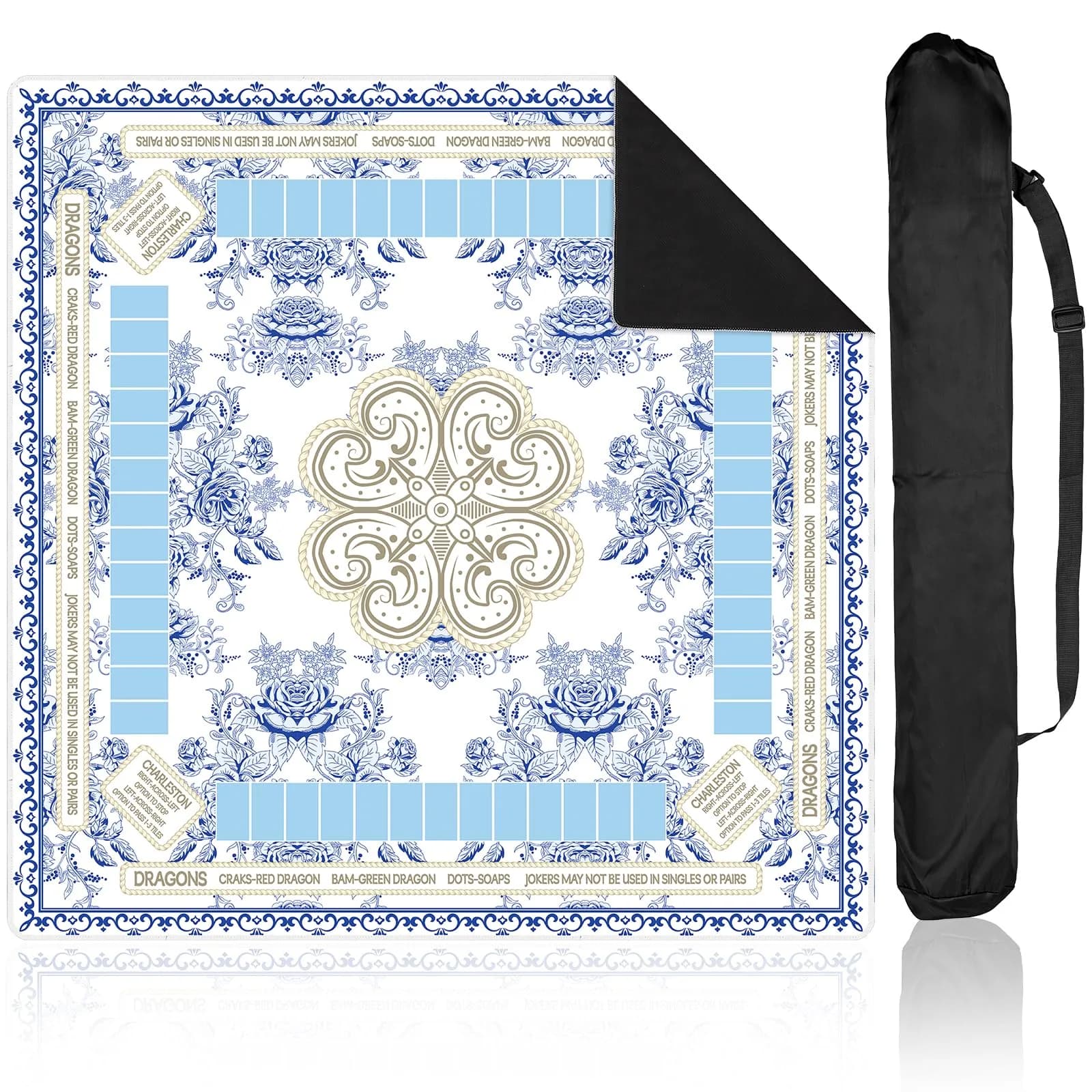 party greeting Chinoiserie Mahjong Mat with Black Carrying Bag 31.5 x 31.5 Inches | Noise & Slip Resistant Game Table Cover — Blue