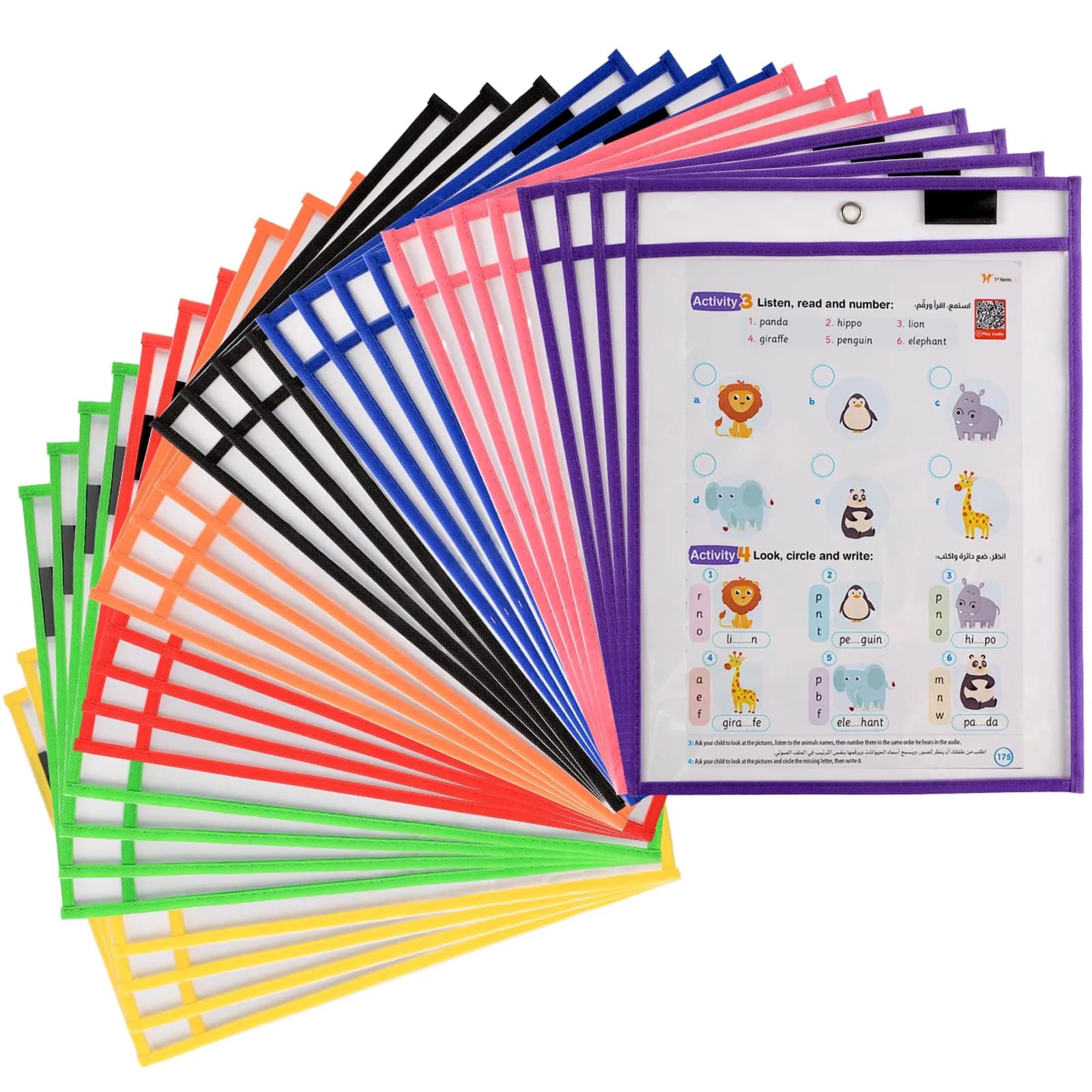 Ufamrine 30 Pcs Dry Erase Pockets Sleeves Colorful, Job Ticket Holders 25cm x 33cm (10" x 13") | Reusable Plastic Sleeves for Teachers
