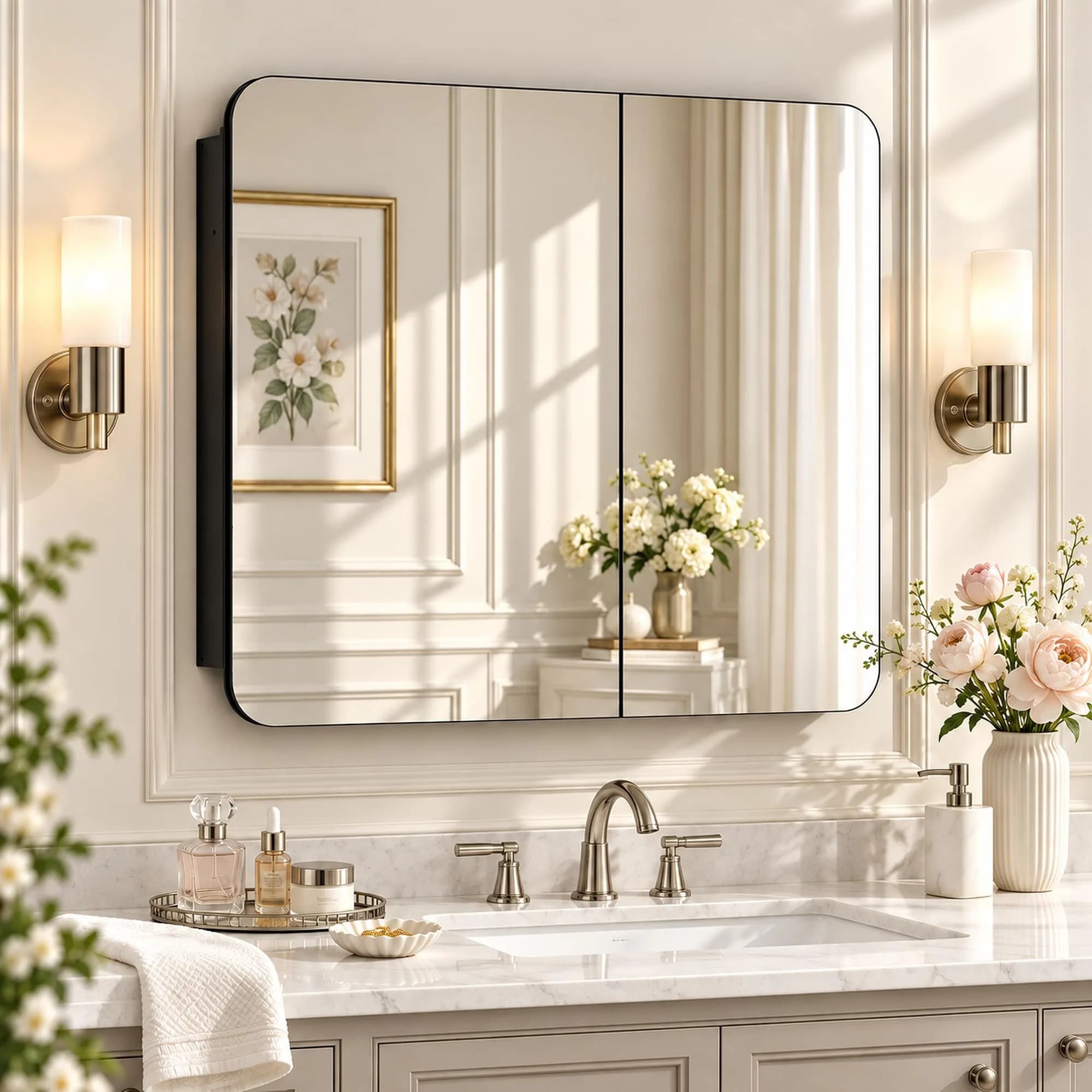 GoTiling 30x26 Black Medicine Cabinet with Mirror, Recessed & Surface Mount | Adjustable Shelves, Aluminum Frame