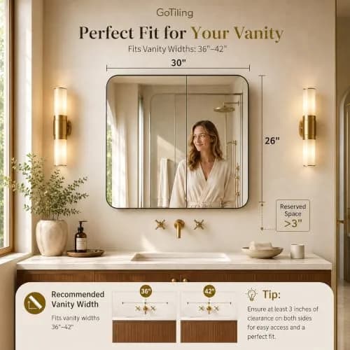 GoTiling 30x26 Black Medicine Cabinet with Mirror, Recessed & Surface Mount | Adjustable Shelves, Aluminum Frame thumbnail 8