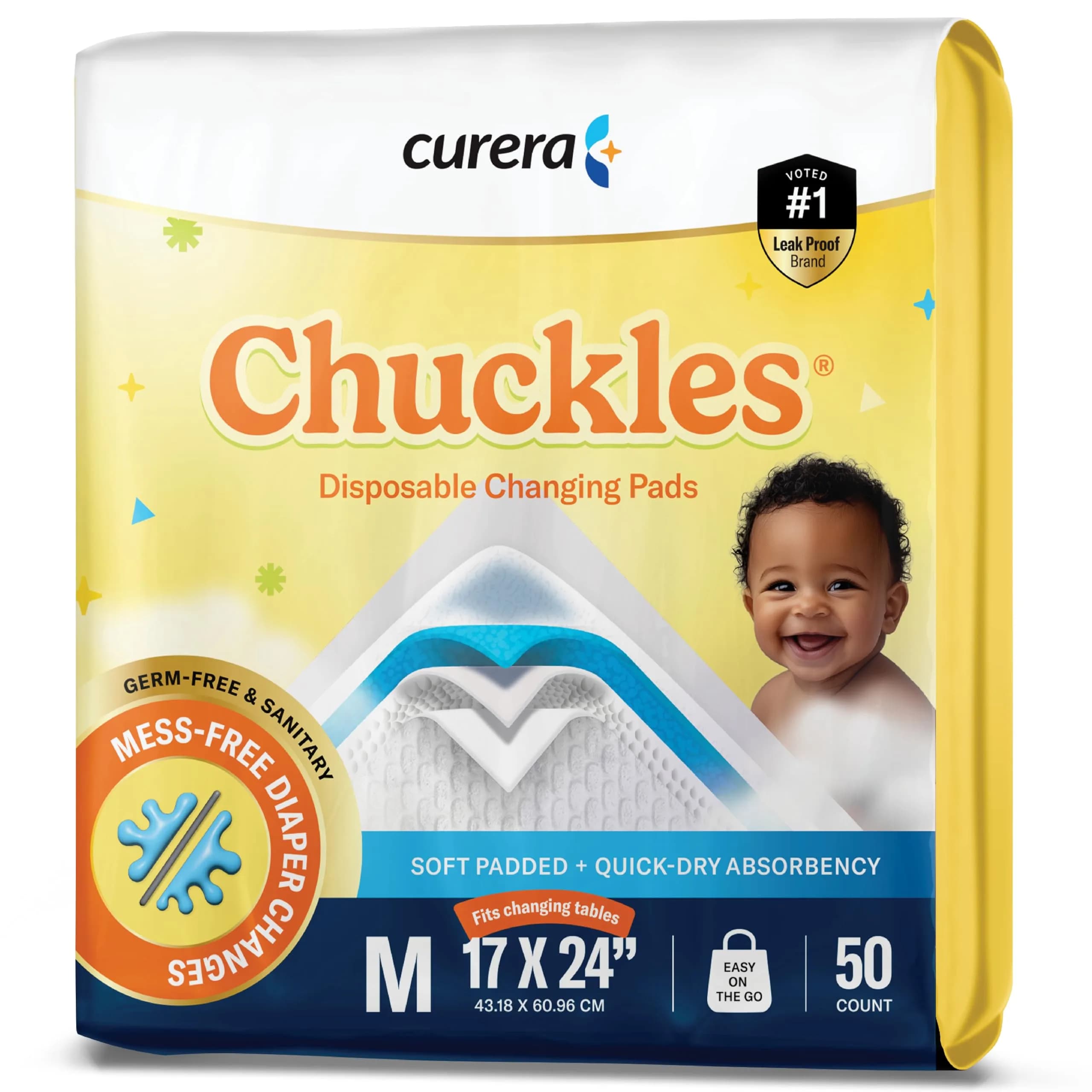 Curera Chuckles Disposable Baby Changing Pad Liners 17x24 inch (50-Pack) | Hospital-Grade 5-Layer Protection - main product image