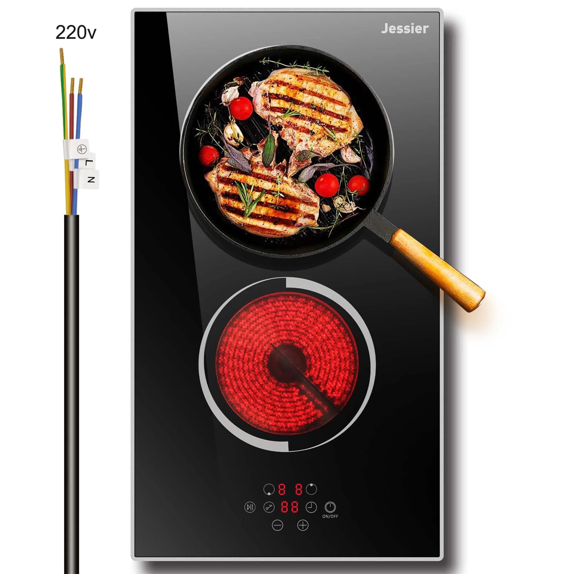 Jessier 2 Burner Electric Cooktop 220V 3000W | Hardwired Drop-In Ceramic Glass Cooktop